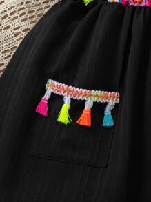 少女休閒優雅假日拼接數字印花連衣裙 - 黑色 - 查看 5