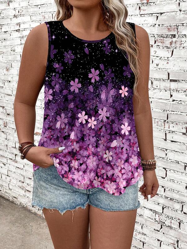 EMERY ROSE Plus Size Summer Casual Cherry Blossoms Print Tank Top