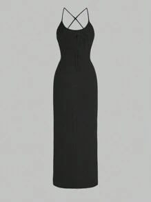 SHEIN Robe moulante sexy grande taille avec dos nu et bretelles pour l'été et ourlet long jusqu'au sol - Noir - Voir 3