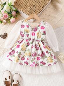 Baby Girl Elegant Flower Printed Mesh Contrast Puff Sleeve Waist-Cinched Dress, Summer - White - View 1