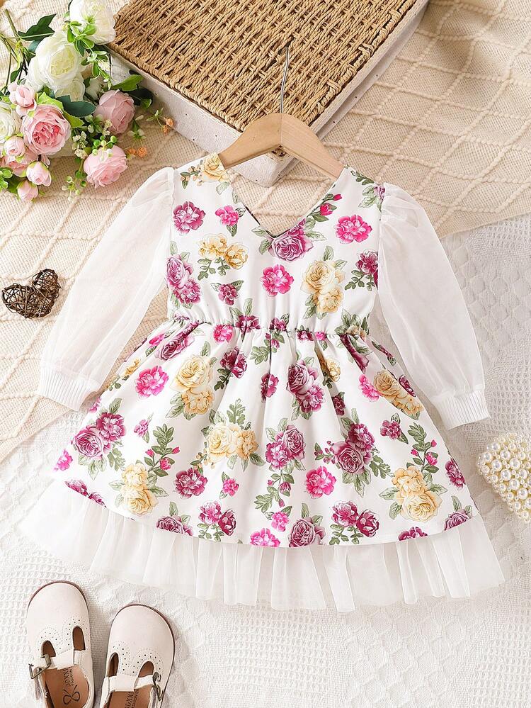 Baby Girl Elegant Flower Printed Mesh Contrast Puff Sleeve Waist-Cinched Dress, Summer
