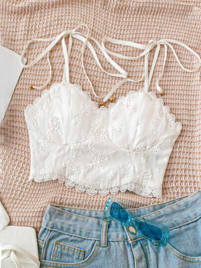 Soleia Women Vacation Beach Casual Summer Easter Graduation Back To School Party Lunch Cute Casual Summer Outfit Garden Afternoon Tea Sweet Cute Lace Patchwork Camisole Textured Embroidery Elastic Spaghetti Strap Bustier White Top