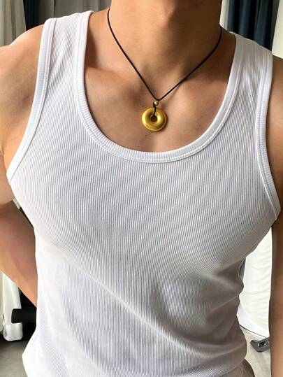 Manfinity Dauomo Men's Summer Solid Color Ribbed Round Neck Casual Tank Top