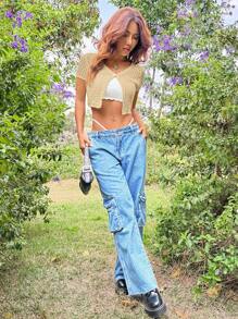 SHEIN EZwear Summer Crochet Round Neck Short Sleeve Cardigan - Apricot - View 6