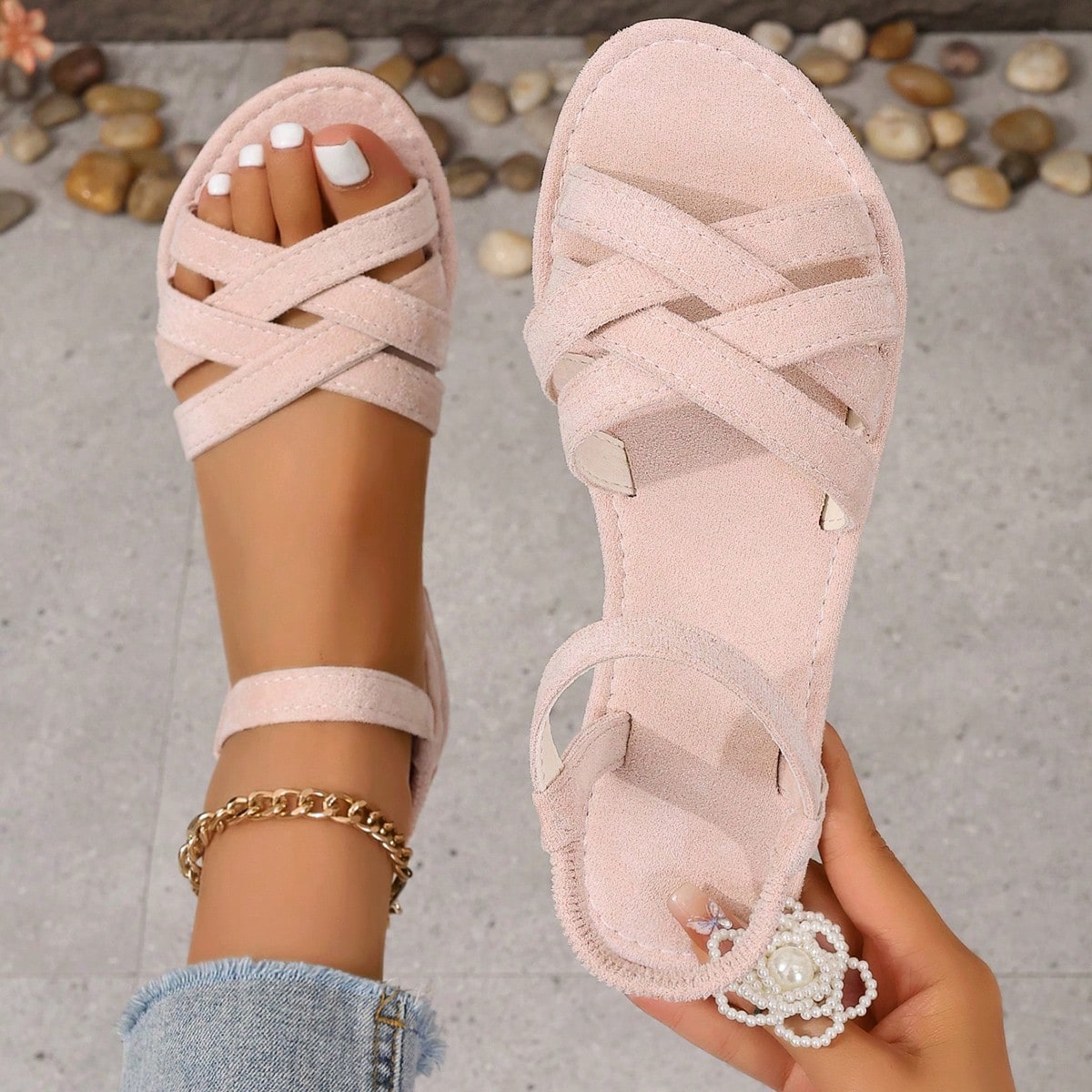 Sandalias planas de tiras cruzadas de unicolor caqui/rosa/beige de moda para mujer de talla grande, para uso casual y de vacaciones, atuendos de playa