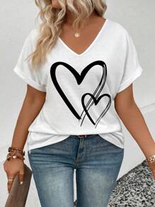 INAWLY Camiseta de verano para mujer talla grande, con cuello en V, estampado de corazones y mangas enrolladas, camisetas gráficas para mujer - Blanco - Ver 5