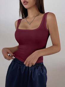 DAZY 女式纯色短款 U 领紧身上衣吊带背心夏季背心 - 酒紅色 - 查看 5