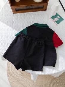 SHEIN 中性嬰兒卡通鹿紋短袖套頭T卹和休閒短褲運動外套，夏季 - 彩色 - 查看 2