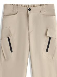 Manfinity Homme Men's Solid Color Drawstring Waist Zipper Pocket Elastic Cuff Casual Pants Tapered Long Cargo Plain Khaki Going Out, For Fall - Khaki - View 4