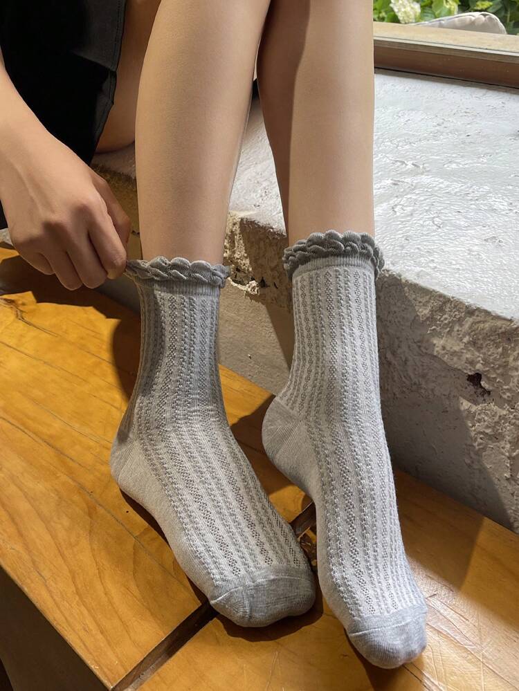 Women Daily Lace Trim Mid-Calf Socks