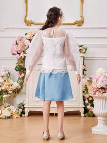 Tween Girl Round Neck Lantern Sleeve Mesh Embroidery Shirt With Detachable Belt & Skirt Set - Blue - View 2