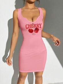 SHEIN EZwear 樱桃图案休闲简约女式 V 领无袖紧身迷你连衣裙，适合夏季，女士柔和色调连衣裙 - 粉色 - 查看 6