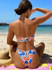 Swim Lushoire Conjunto de bikini sexy con estampado floral y escote halter para mujer en verano