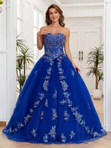 女士久候的甜心15歲生日洋裝,無肩帶束腰,花朵應用鏤空蕾絲裙 - 寶藍色 - 查看 1