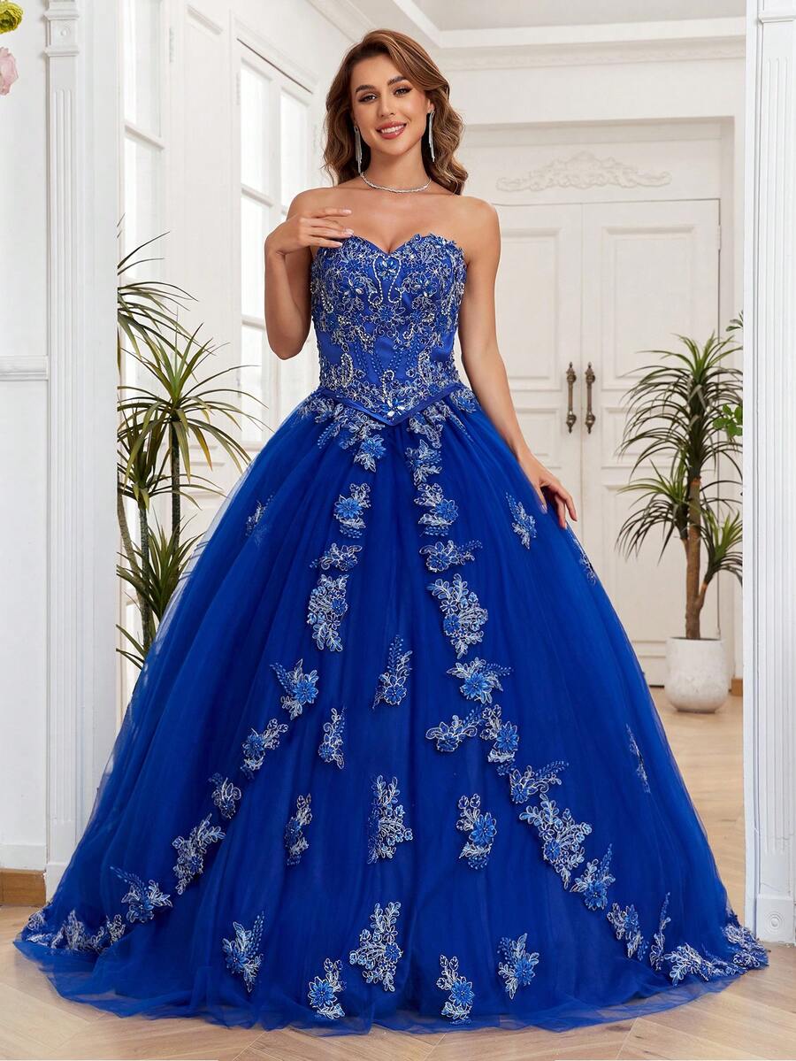 女士久候的甜心15歲生日洋裝,無肩帶束腰,花朵應用鏤空蕾絲裙 - 寶藍色 - 查看 1