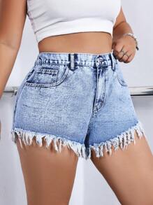 SHEIN EZwear Plus Size Summer Casual Water Wash Frayed Hem Mini Denim Shorts - Light Wash - View 1