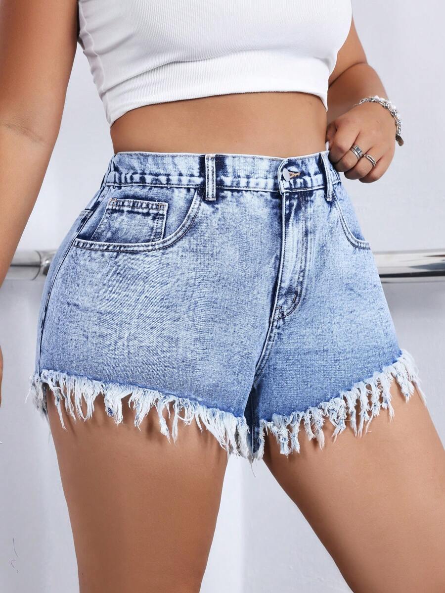 SHEIN EZwear Plus Size Summer Casual Water Wash Frayed Hem Mini Denim Shorts - Light Wash - View 1