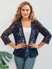 Women's Fashionable Lace Cardigan With Three-Quarter Sleeves, Versatile - Navy Blue - View 5