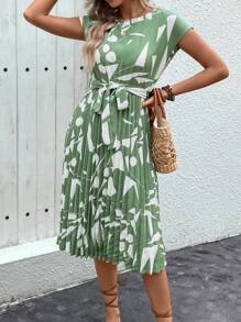 SHEIN LUNE Vestido de mujer con cinturón decorado e impresiones, conjunto de mujer de vestido largo de patrones aleatorios - verde menta - Ver 3