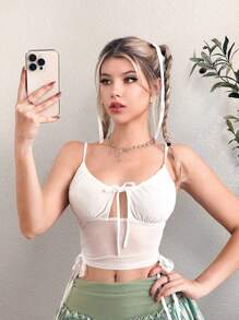 Sweetina Women Solid Color Simple Style See-Through Mesh Camisole Top With Spaghetti Straps