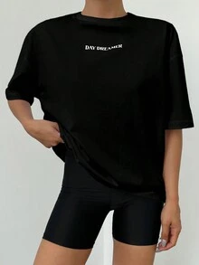 RueChic Sun & Moon Print Drop Shoulder Tee - Black - View 2