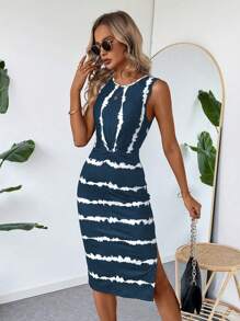 SHEIN LUNE Women's Casual Tie-Dye Twisted Knot Side Slit Sleeveless Bodycon Dress, Summer