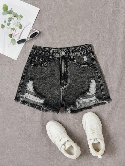 SHEIN Teen Girl Distressed Denim Shorts With Frayed Hem And Pockets