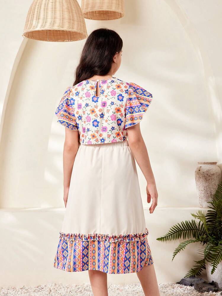 Tween Girl Elegant Floral Print Flutter Sleeve Shirt And Skirt Two-Piece Set
