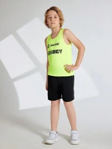 SHEIN Tween Boy Fluorescent Green Tank Top, Elastic, Skin-Friendly, Comfortable, Sweat-Absorbing, Breathable, Classic, All-Match, Running - Green - View 4