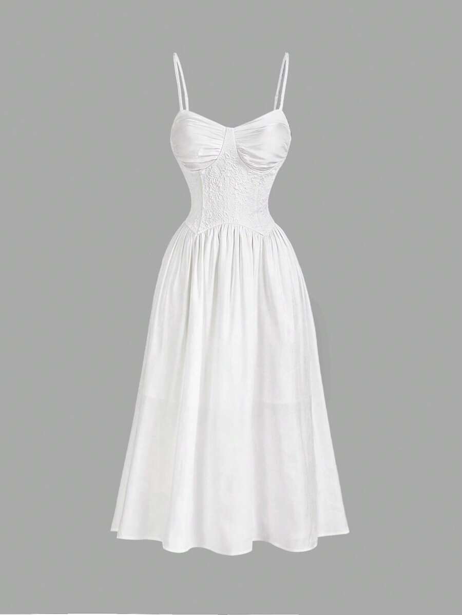 SHEIN MOD Ladies Romantic White Contrast Floral Jacquard Cami Dress - White - View 1