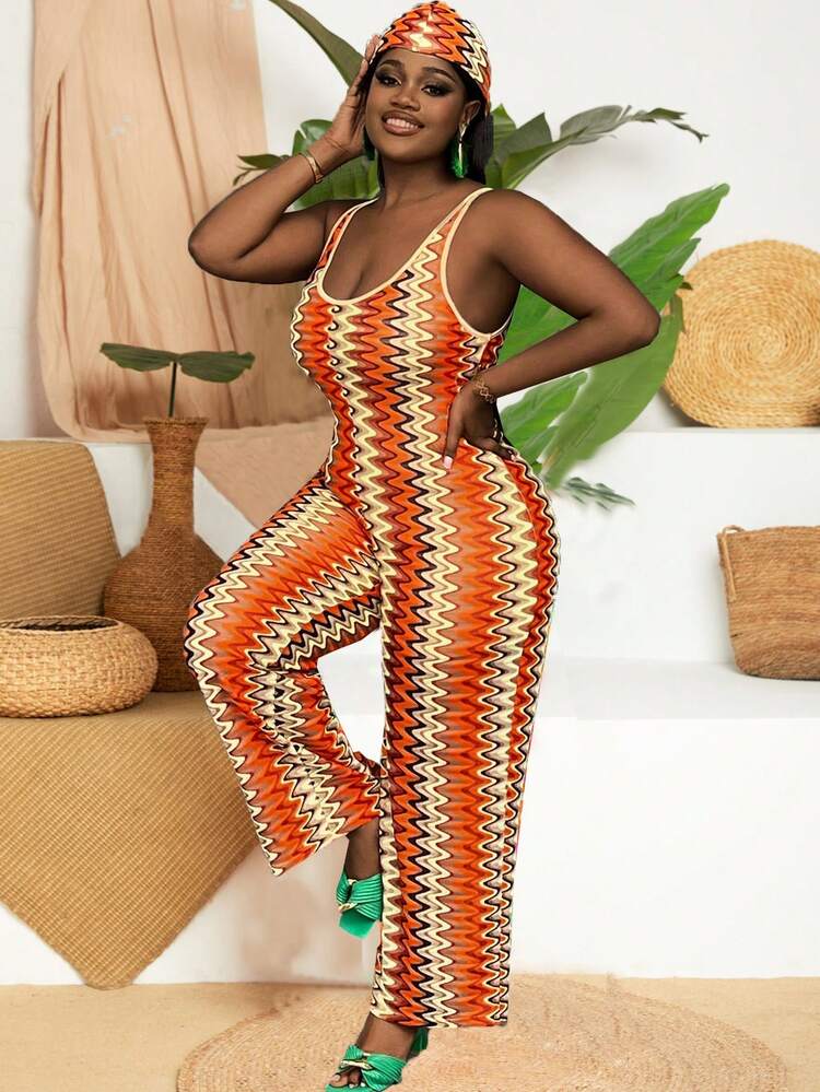 Plus Size Vacation Casual Wave Striped Knitted Sleeveless Jumpsuit