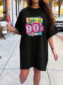 Flirla 大尺碼女士印花T恤裙 - 黑色 - 查看 1