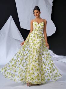 SHEIN Belle Elegant And Romantic Mesh Orangery Floral Print Halter Bustle Cups High Waist Thin Slim Fishtail Fluttering Back Width Swing Floating Piece Dating Vacation Graduation Wedding Event Heavy Duty Dinner Evening Gowns