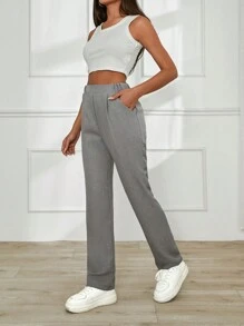 EURMUSE Women Grey Linen Pants With Elastic Waist Detail 200 - Grey - View 3