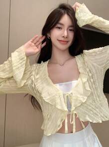 DAZY 纯色荷叶边饰带前襟短款衬衫节日长袖上衣 - 杏色 - 查看 4