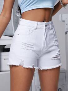 SHEIN PETITE Women's Distressed Denim Shorts With Pockets, Casual - White - View 5
