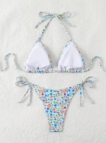 Swim Mod Summer Women's Vacation Plant Print Halter Neck Tie Sexy Bikini Set, Random Print - Multicolor - View 2