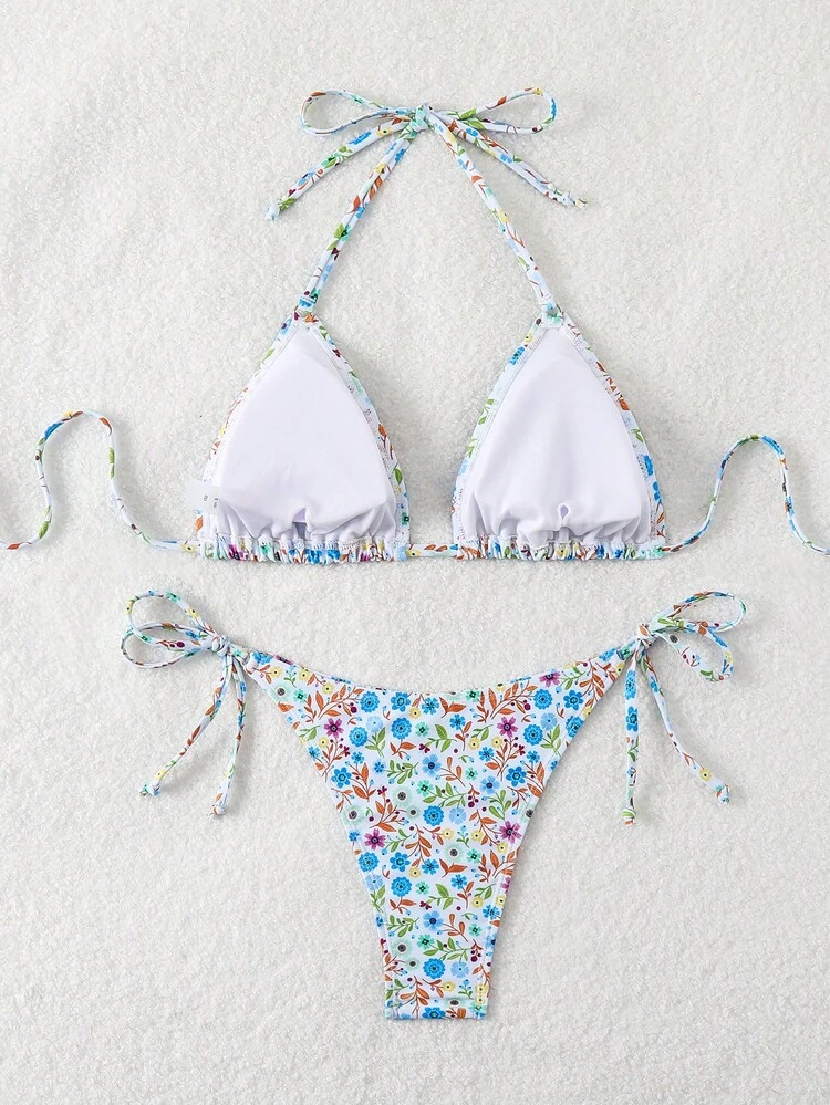Summer Women's Vacation Plant Print Halter Neck Tie Sexy Bikini Set, Random Print