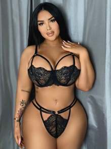 Bộ 2 bộ đồ lót ren cỡ lớn có gọng - màu đen - Xem 1