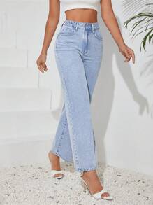 SHEIN Tall Jeans simples y rectos de uso diario para mujer en unicolor, lavados