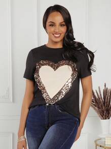 SHEIN Lady Women's Casual Round Neck Heart Sequin T-Shirt