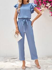 SHEIN Clasi Women's Round Neck Short Sleeve Shirt With Ruffle Trim And Detachable Belted Pants, 2pcs/Set