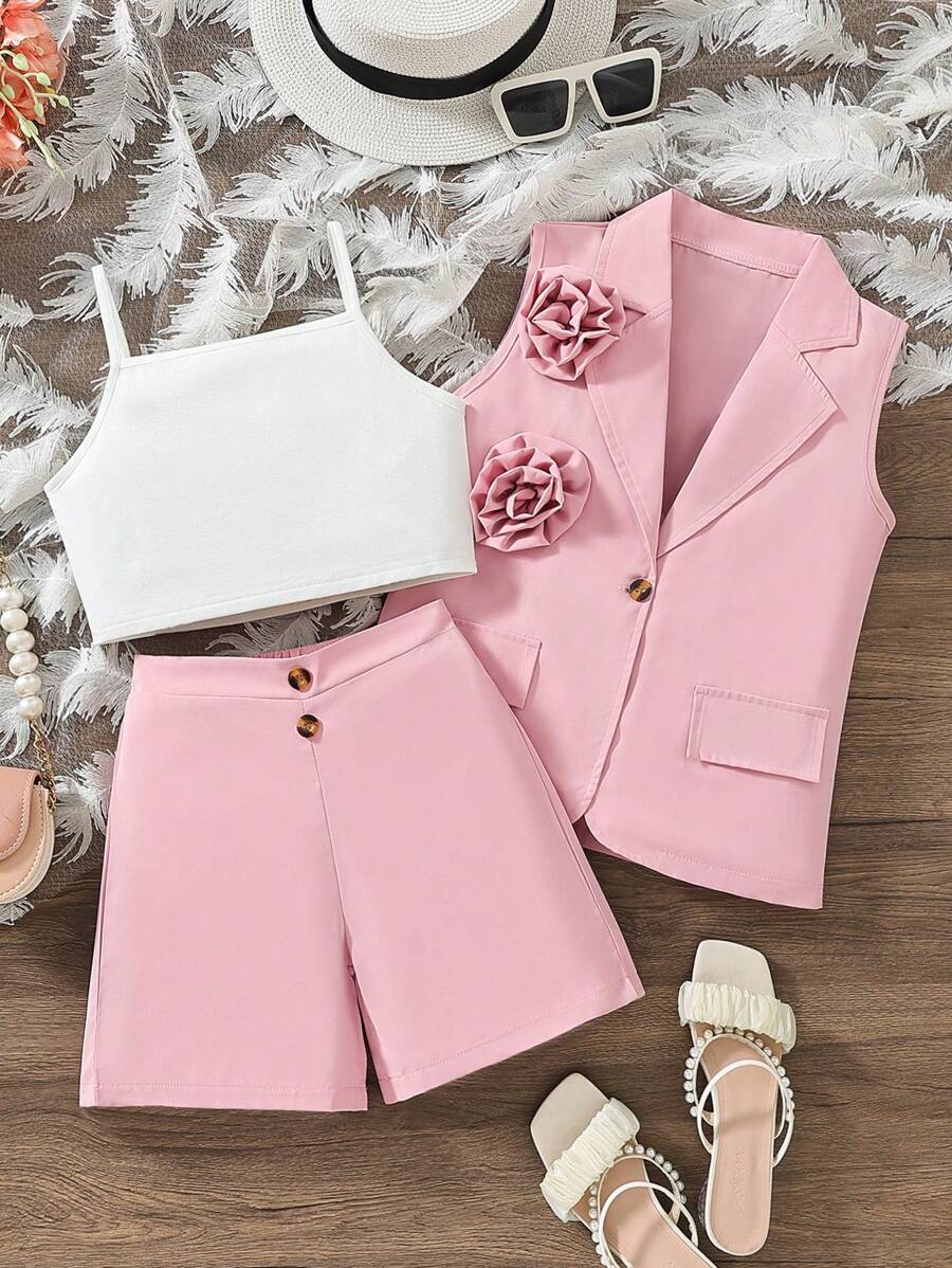 Tween Girl Solid Color Vest, Shorts, And Suspenders Set With 3D Floral ...