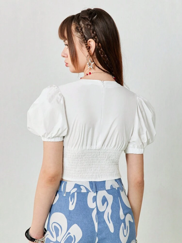 Women's Summer Casual Bubble Sleeve White Cotton Corset Top With Waist Tie.