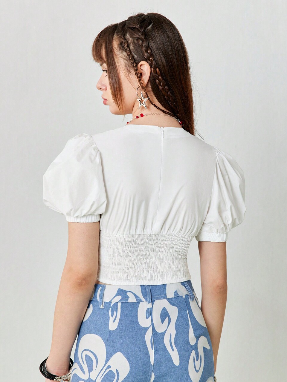 Women's Summer Casual Bubble Sleeve White Cotton Corset Top With Waist Tie.
