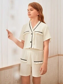 SHEIN Atuendos elegantes y casuales formados por 2 piezas, blusa y falda veraniega para preadolescente, ideal para fiestas y vacaciones - Albaricoque - Ver 5
