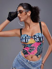 Sapstudio Artist Y2K Casual Anime Printed Crop Cami Top For Women, Slim Fit, Holiday, Vacation, Spring & Summer, Beach, Going Out, Festival, Ibiza Fits, Western Wear - Multicolor - View 5
