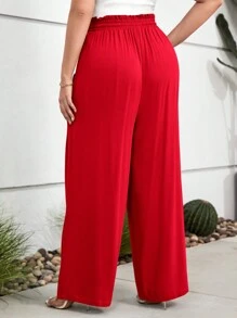 SHEIN LUNE 大码女式假日纯色阔腿裤，带荷叶边、腰带和口袋 - 紅色 - 查看 2