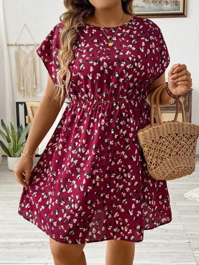 SHEIN LUNE Plus Size Women's Summer Allover Print Round Neck Batwing Sleeve Casual Dress,Beach Dress Sundress,Holiday Outfits Boho
