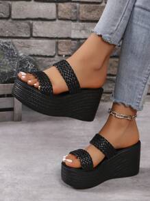 Women's High Waterproof Retro  Rope Fisherman Platform Wedge Sandals - Black - View 4